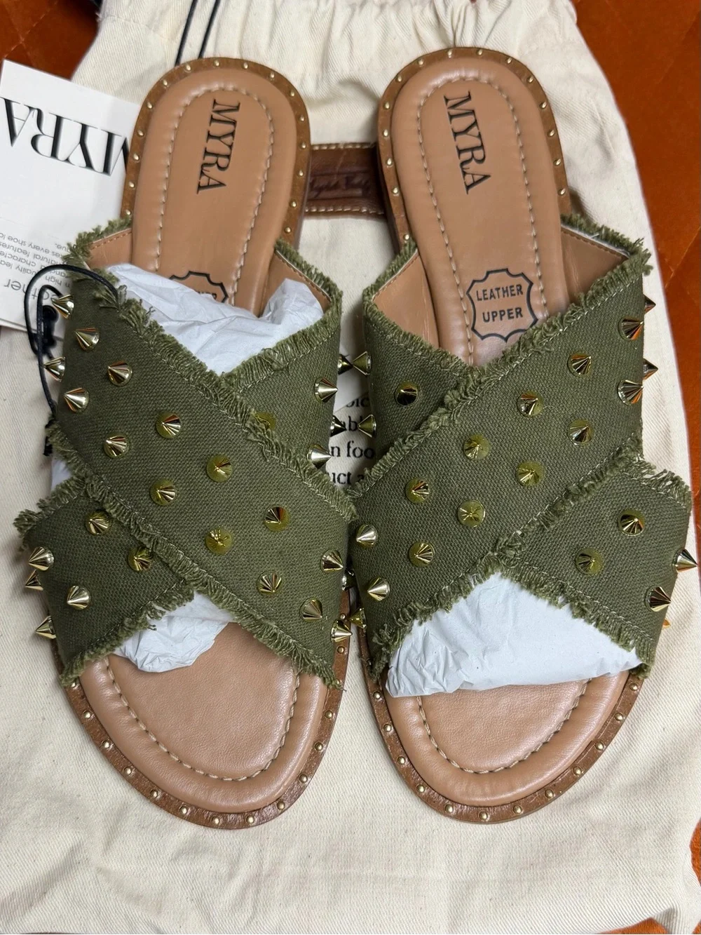 Myra Bag Olive Green Studded Crossband Leather-Trim Slide Sandals women’s 10